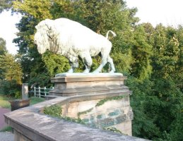 Statue of buffalo on bridge