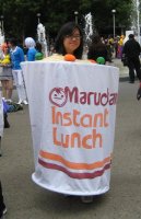 woman dressed as a Maruchan instant ramen soup cup