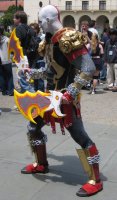 warrior with flame sword and white face