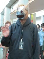 Man wearing full-head horse mask